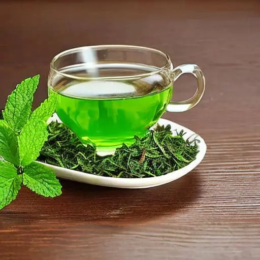 녹색빛깔의 차 한잔과 찻잔 주변에 페퍼민트 풀잎들이 놓여져 있음