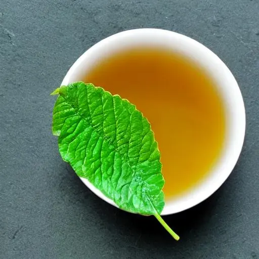 흰 컵 위에 풀잎한개와 차 한잔