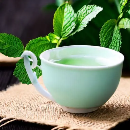 풀잎 배경에 초록빛깔의 페퍼민트 차 한잔