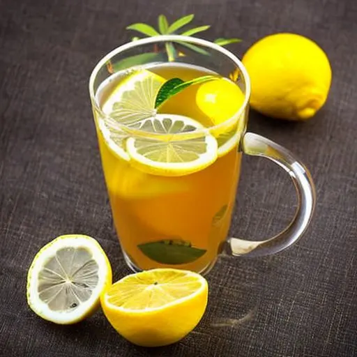 레몬 두개가 주변에 있고 가운데 노란색깔의 레몬차가 유리컵에 가득 담겨져있음